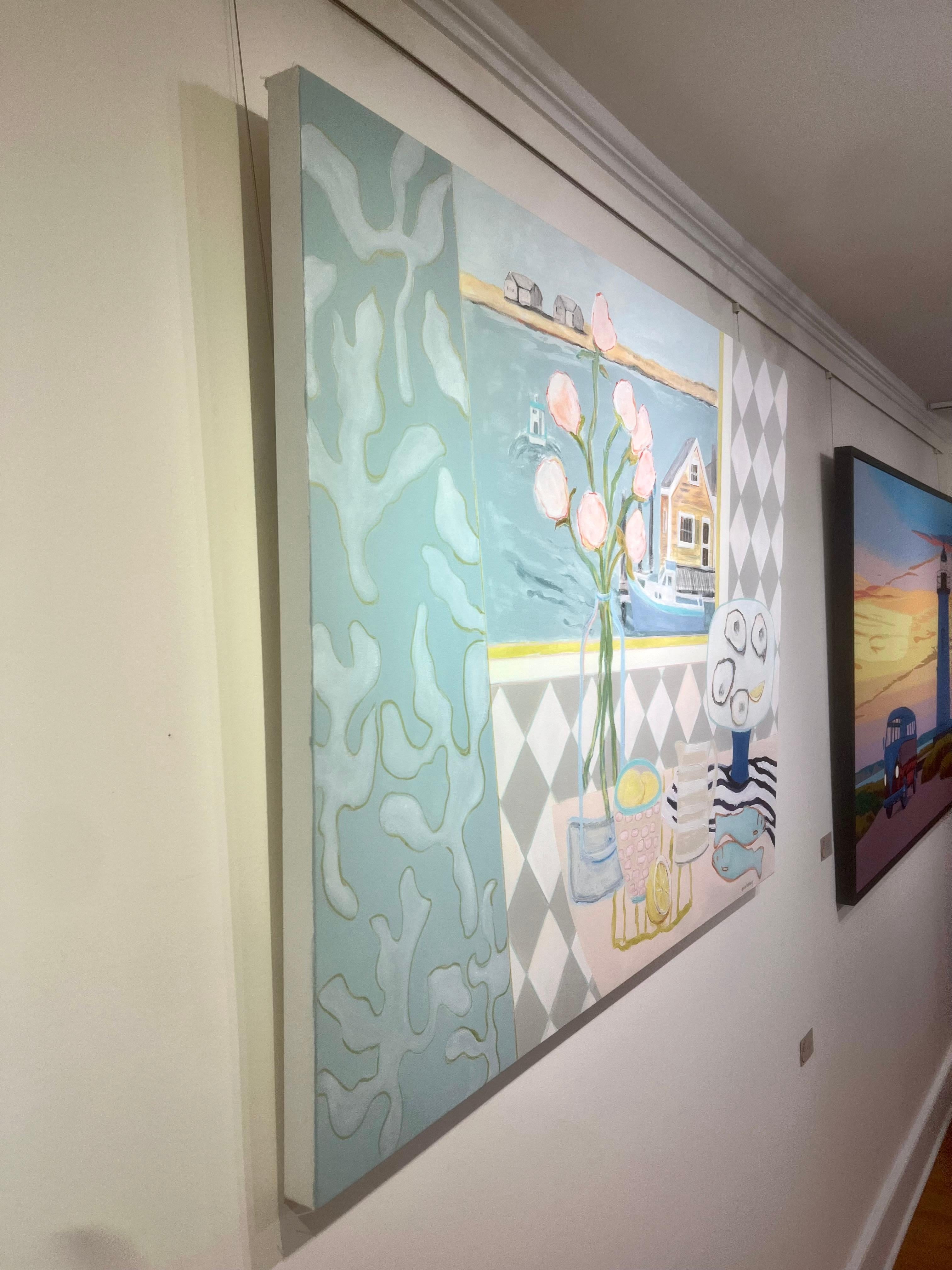 « Harbor View », huîtres et poissons frais au sommet d'une table donnant sur la mer - Contemporain Painting par Anne Harney