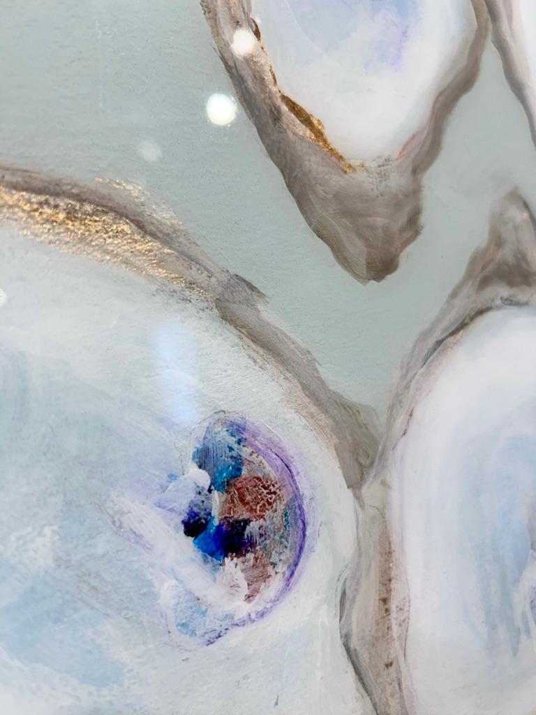 Peinture carrée « Heavenly Oysters » représentant six huîtres sur turquoise en vente 2