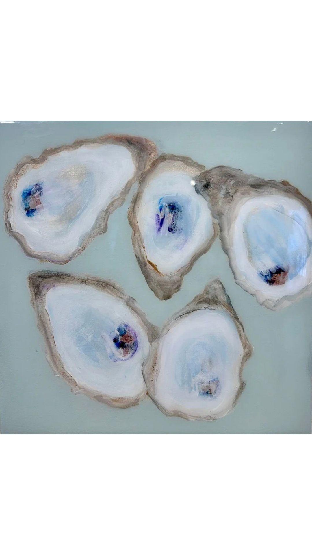 „Heavenly Oysters“ Quadratisches Gemälde mit sechs Austern auf Türkis