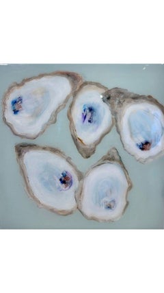 "Heavenly Oysters" square painting of six oysters on turquoise