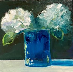 "Hydrangeas" oil painting of white hydrangeas in blue vase with black background