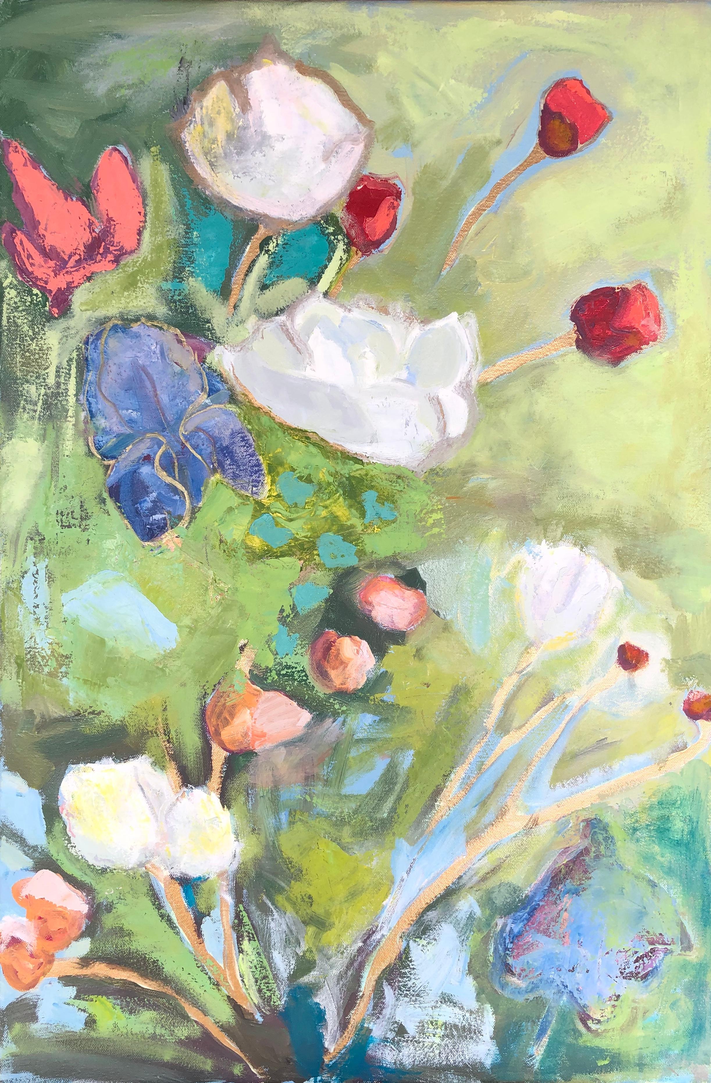 Anne Harney Still-Life Painting - "Into the Garden" impressionist style still life oil painting with green, white