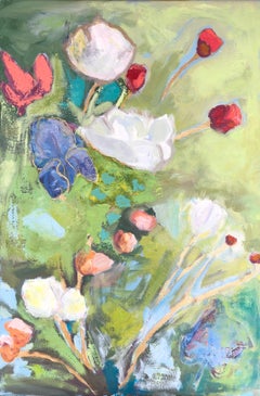 "Into the Garden" impressionist style still life oil painting with green, white