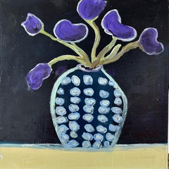 Irises by Anne Harney, Contemporary Floral Still Life Painting, Purple, Black