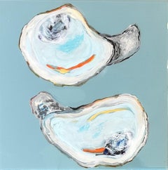 "Katama Oysters" mixed media painting of two oysters with grey background