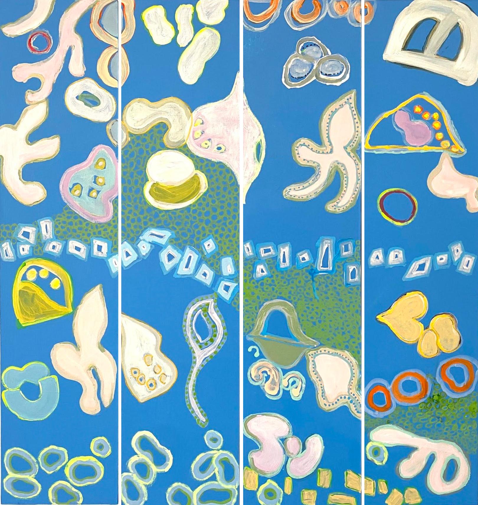 Abstraktes Polyptychon-Gemälde „Lagoon Creation“ mit Blau, Grün und Gelb  – Mixed Media Art von Anne Harney