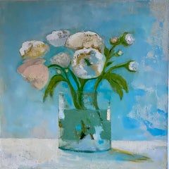 "Late Morning" still life oil painting of pink peonies with blue background