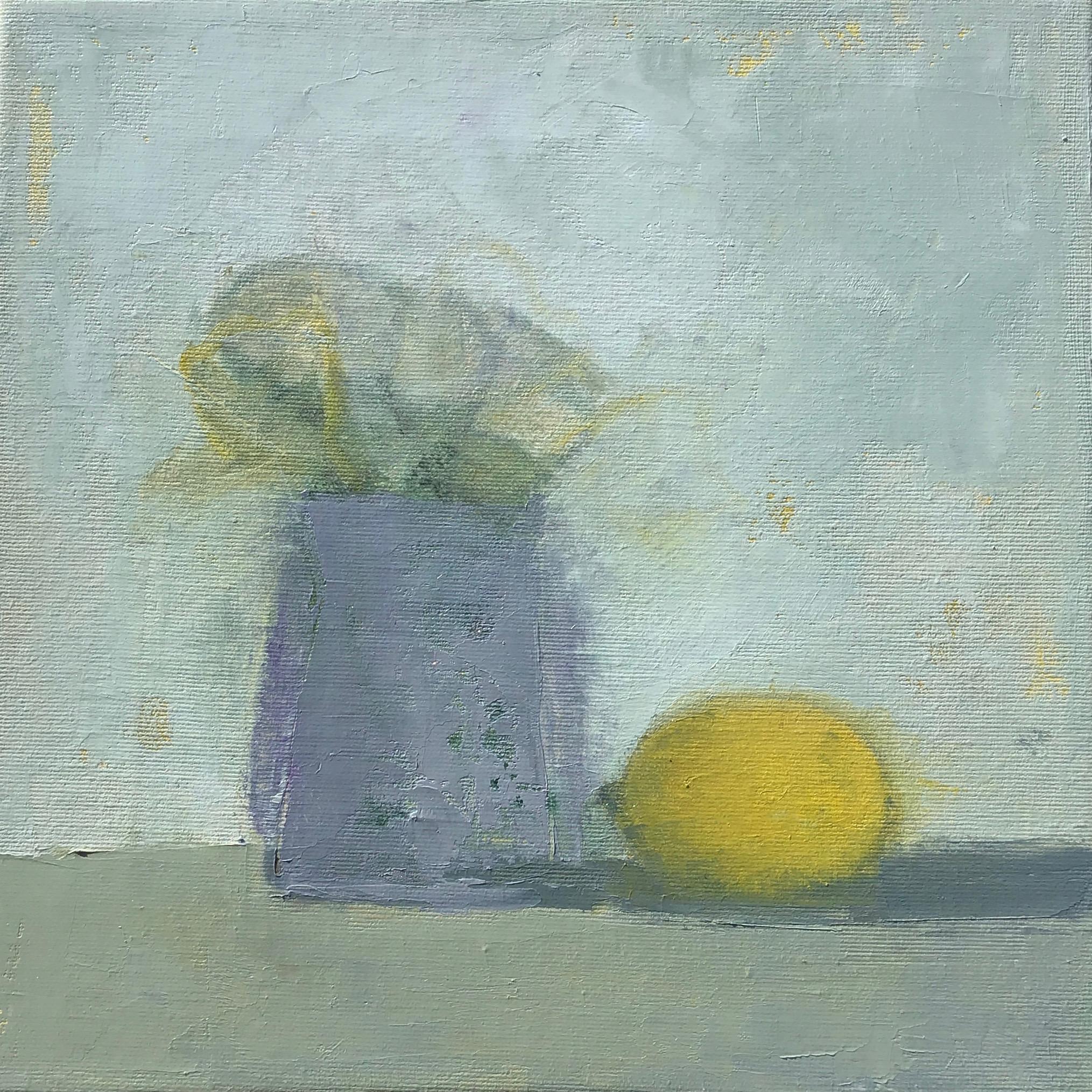 Anne Harney Still-Life Painting - "Lemon and Flowers" Small-Scale Muted Still-Life in Blues and Grays 