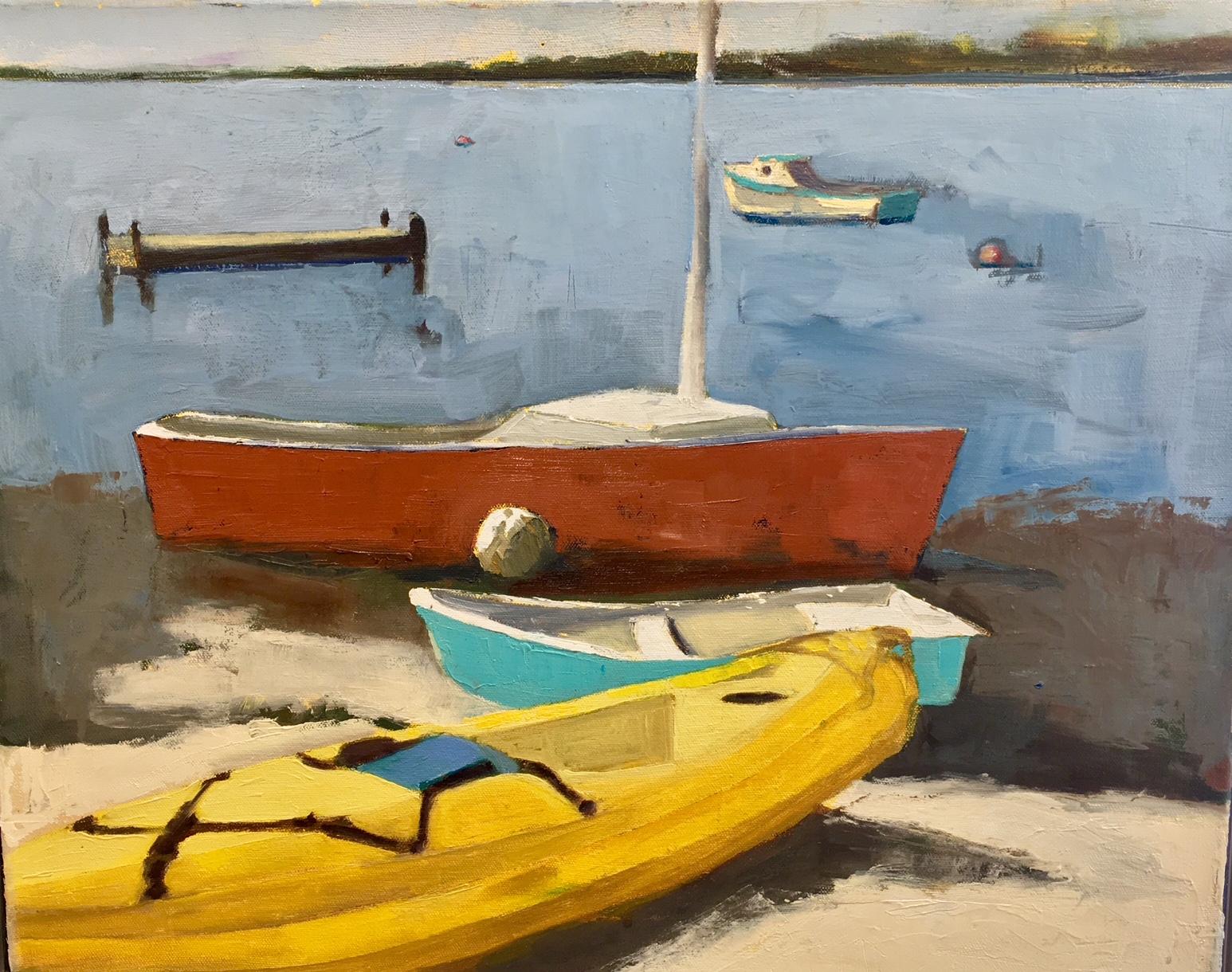 Anne Harney Landscape Painting - "Menemsha Kayak" Brightly Colored Boats on a Beach with Muted Seascape Hues