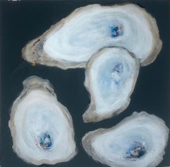 "Midnight Oysters" closeup of 4 oysters wrapped in gold against navy background