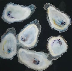 "Moonlit Oysters" bright array of 6 oysters resting in a deep blue