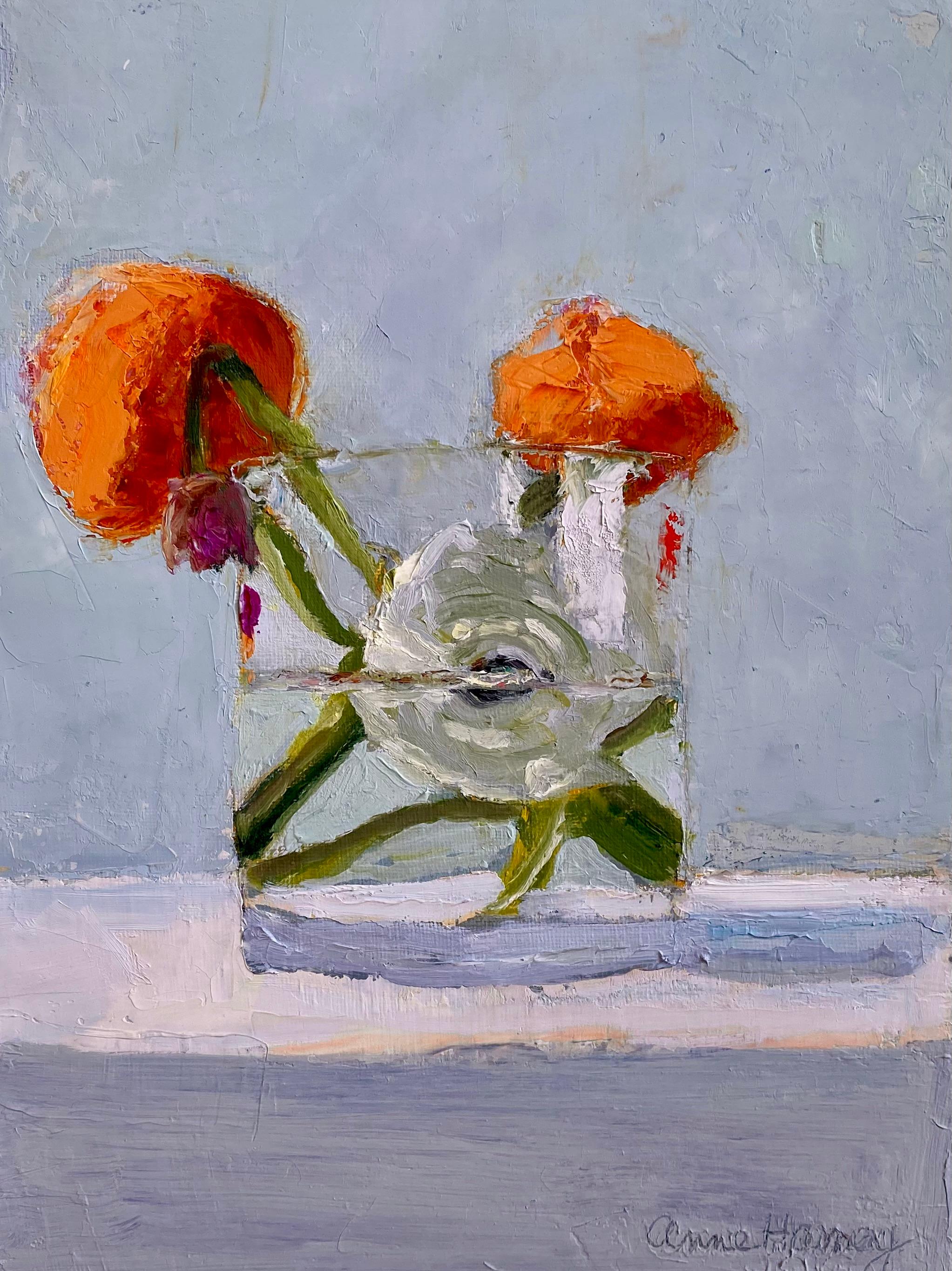 Anne Harney Still-Life Painting - "Mums and White Rose" small scale still life oil painting with grey background