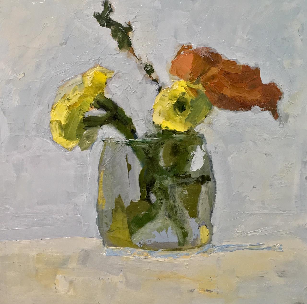 Anne Harney Still-Life Painting - "Mums" oil painting of orange and yellow mums in a painterly style