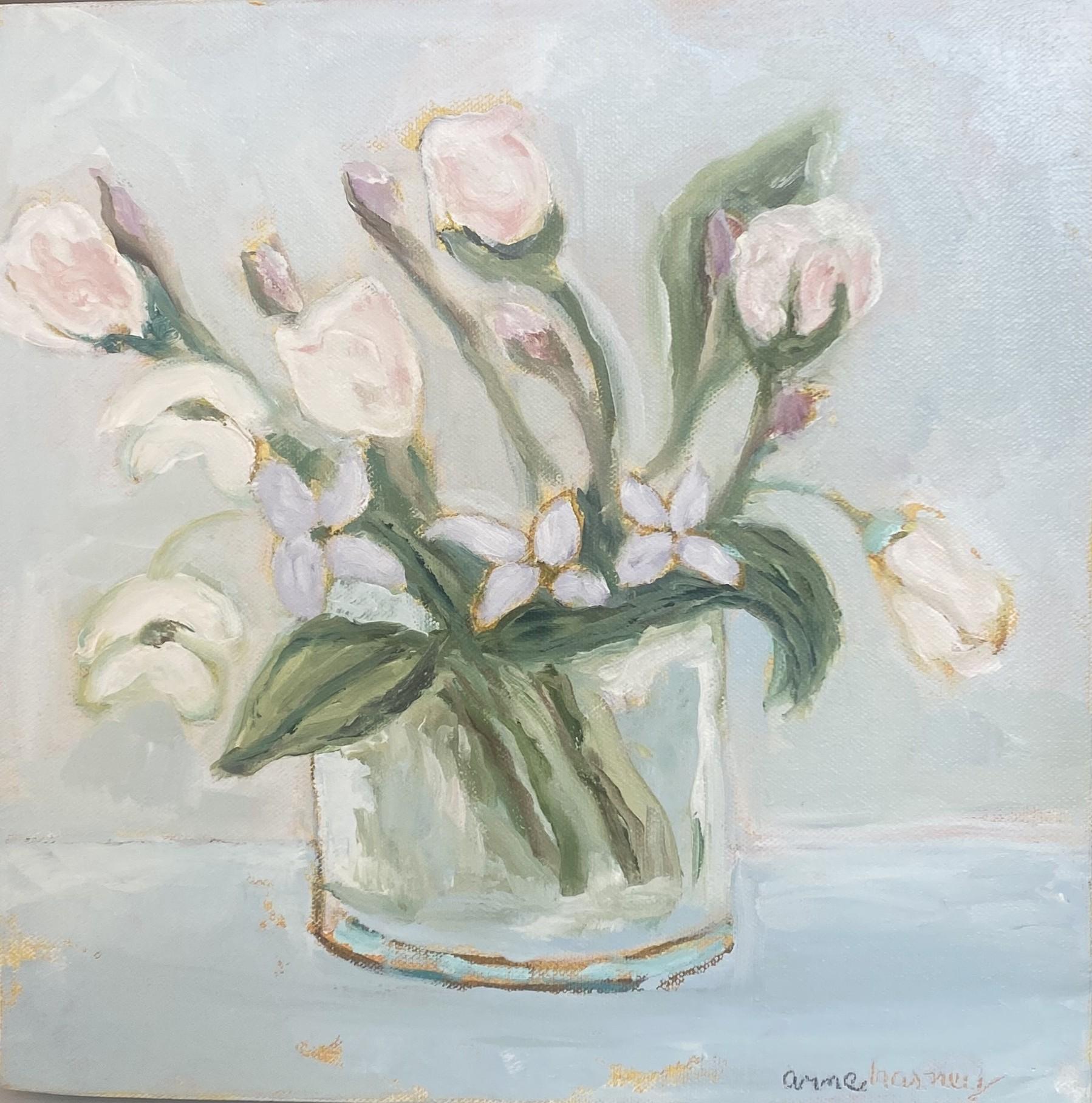 Neue Pfingstrosen von Anne Harney, Zeitgenössisches Öl auf Leinwand Blumengemälde