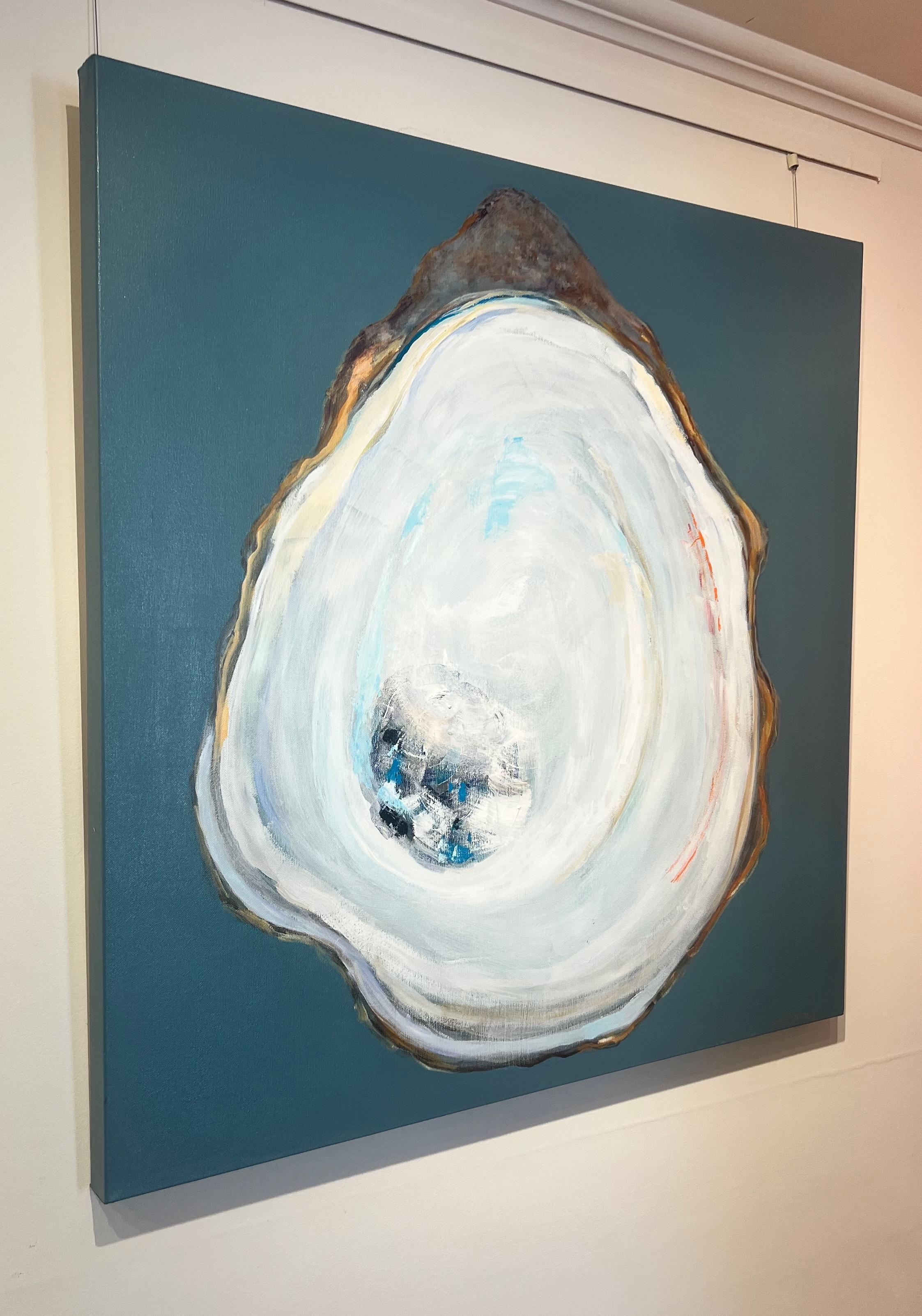 Peinture à l'huile d'un seul huîtres blanc sur fond gris foncé « Oyster Creek » en vente 1