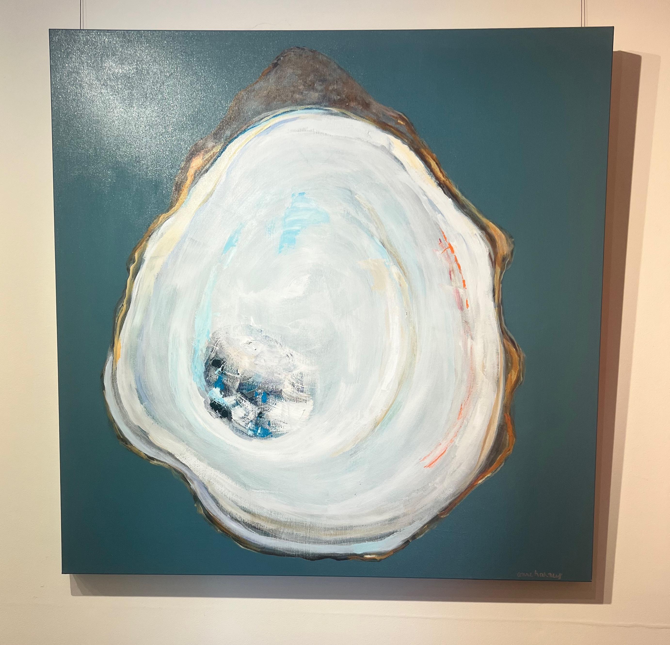 Peinture à l'huile d'un seul huîtres blanc sur fond gris foncé « Oyster Creek » en vente 2