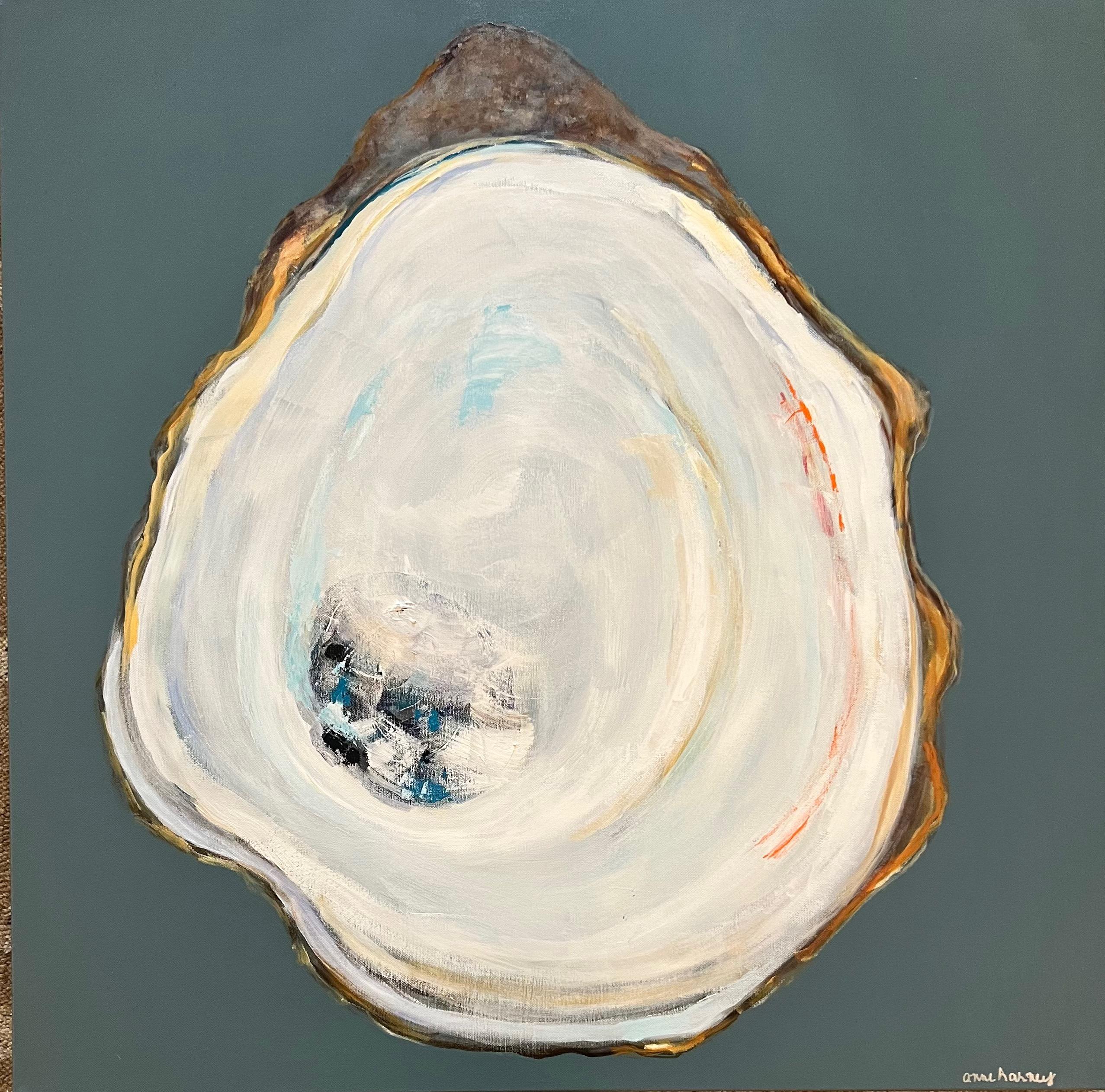 Anne Harney Still-Life Painting - "Oyster Creek" Oil painting of a single white oyster with dark gray background