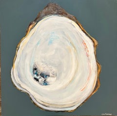 "Oyster Creek" Oil painting of a single white oyster with dark gray background