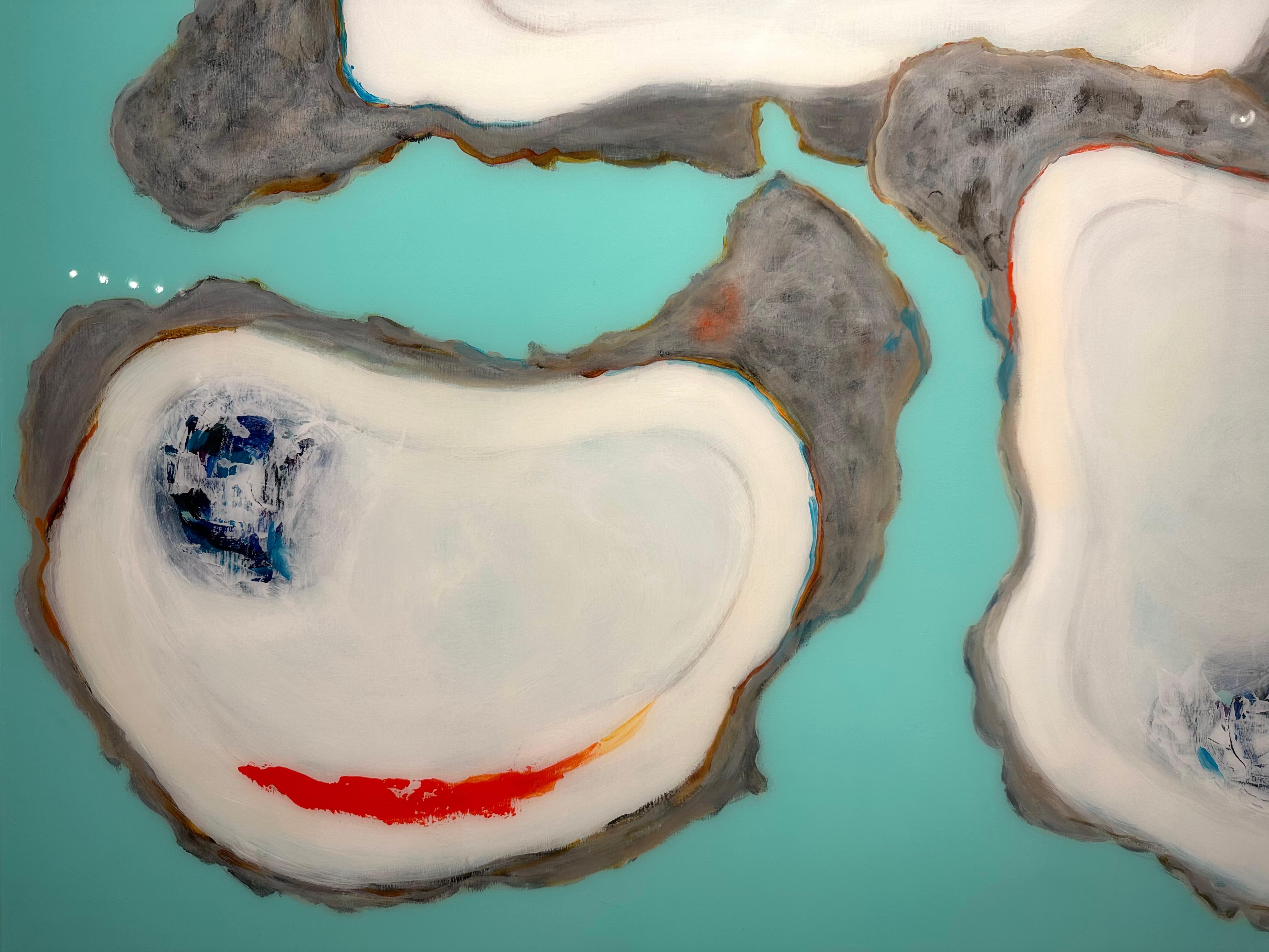 « Oyster Fest » technique mixte avec trois huîtres en résine sur fond turquoise  - Painting de Anne Harney