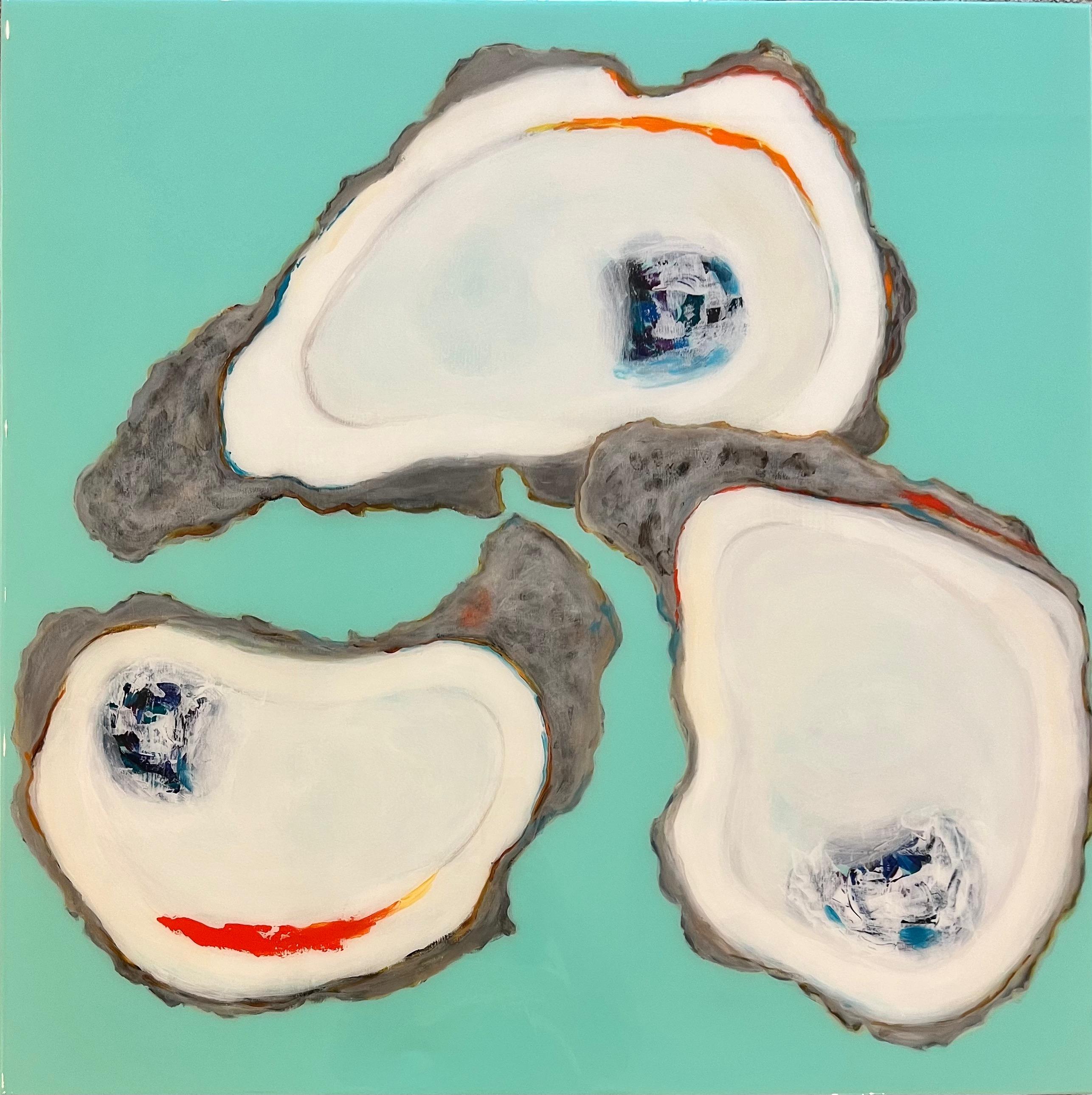 Still-Life Painting Anne Harney - « Oyster Fest » technique mixte avec trois huîtres en résine sur fond turquoise 