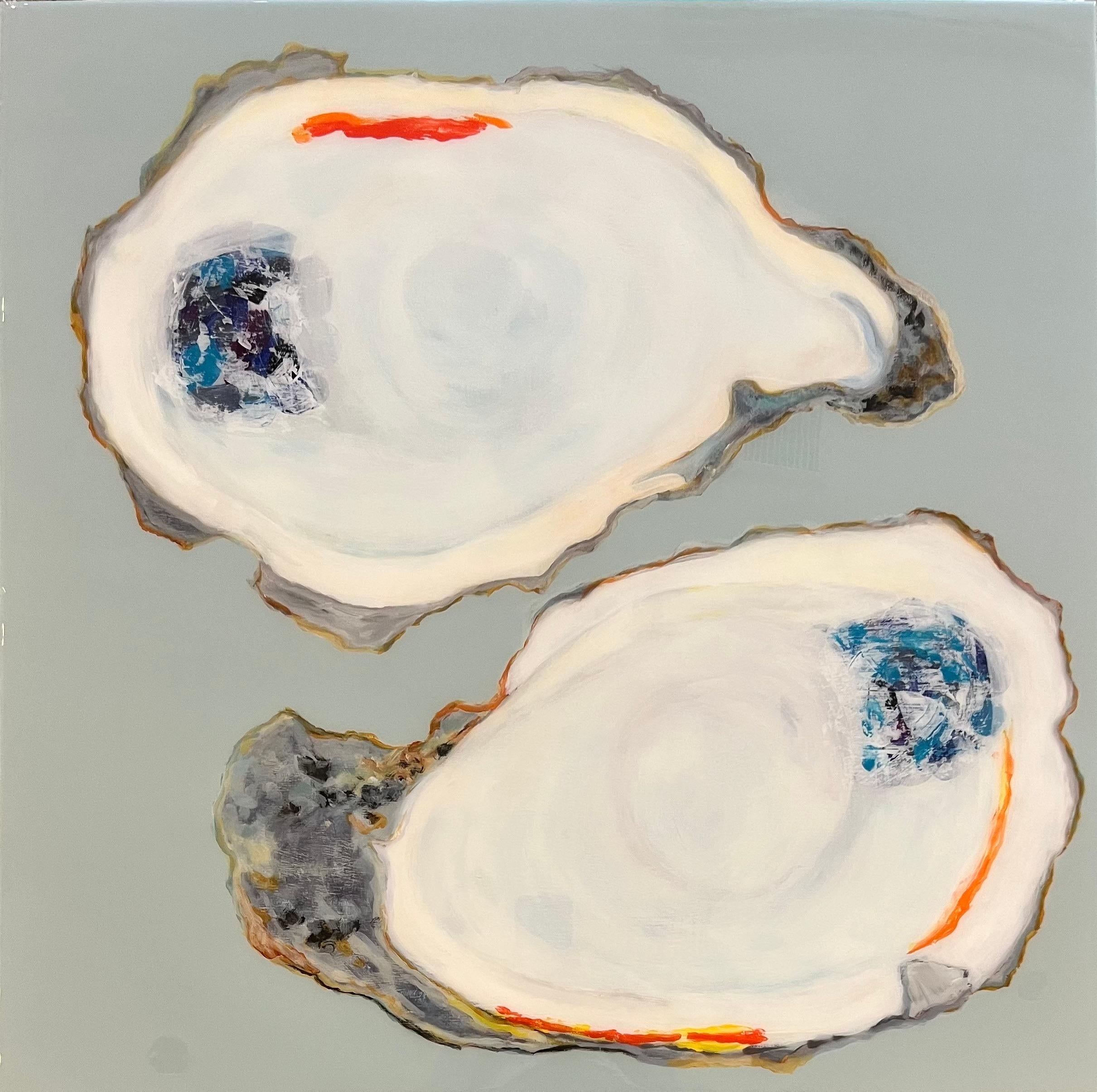 Anne Harney Still-Life Painting - "Oyster Flats" Light blue mixed media resin painting of two white oysters