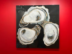 « Oyster Trio » 3 huîtres dorées et blanches sur fond noir avec finition en résine.