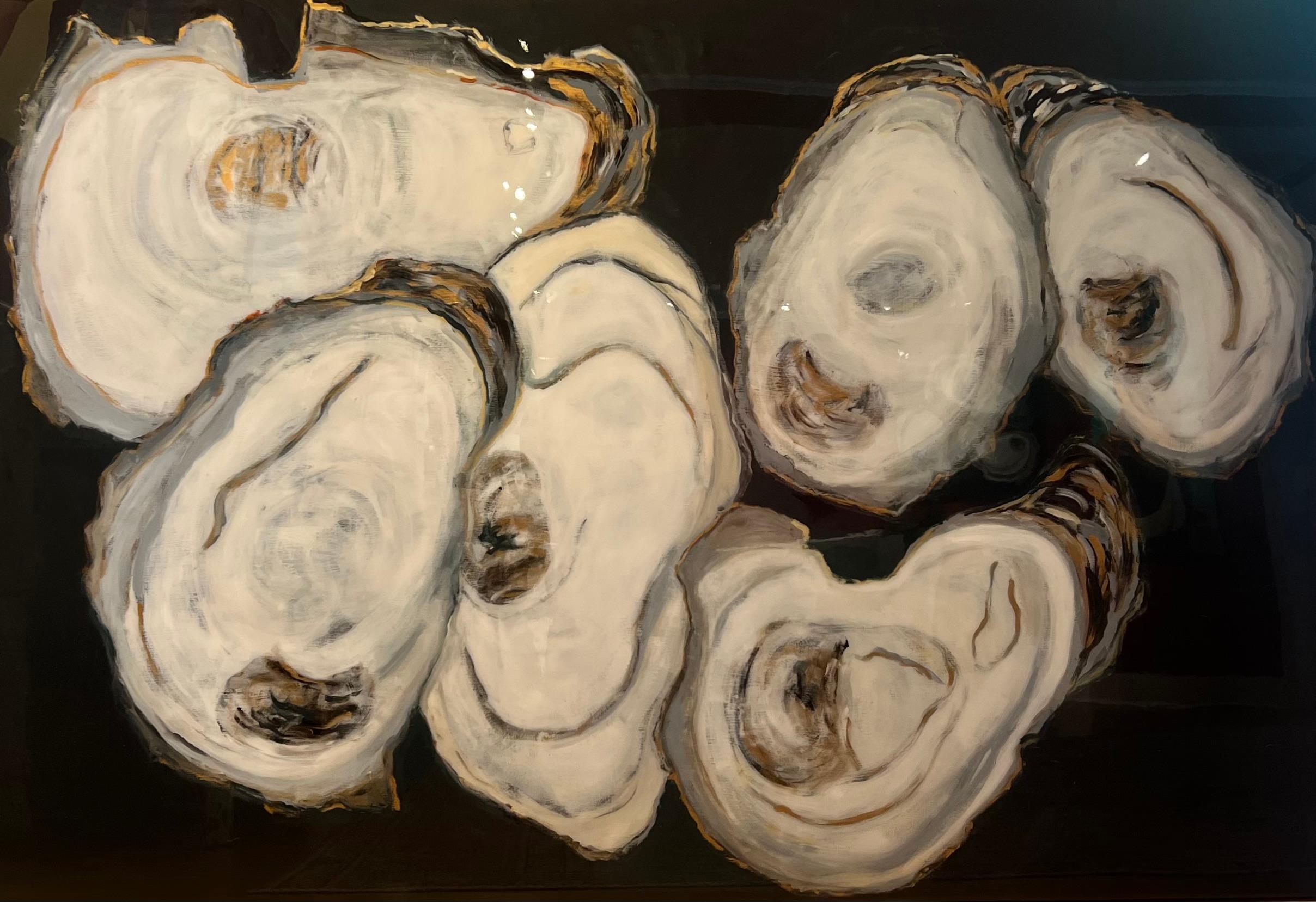 Anne Harney Figurative Painting - "Oysters in Black" 6 black white and gold oysters on black with resin finish. 
