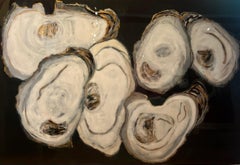 "Oysters in Black" 6 black white and gold oysters on black with resin finish.