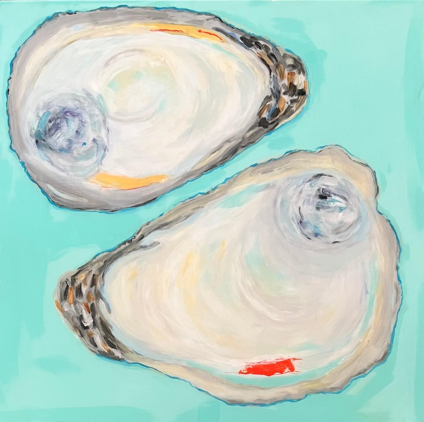Anne Harney Figurative Painting - "Oysters in Green" 2 oysters against sea-foam green with a resin finish.