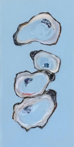 "Oysters IV" 4 blue and black oysters on a sky blue background with resin finish