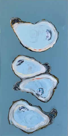 "Oysters V" 4 blue and black oysters on a deep blue background with resin finish