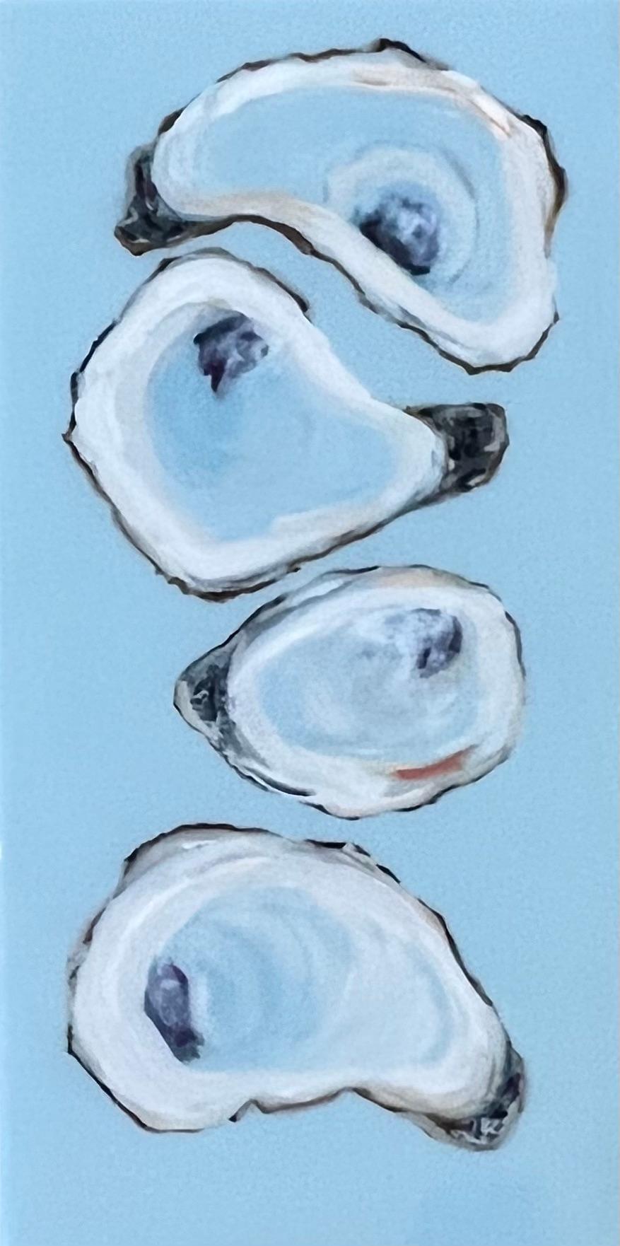 Anne Harney Figurative Painting - "Oysters VI" 4 blue and black oysters on a sky blue background with resin finish