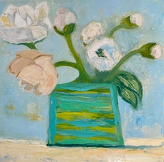 Peinture à l'huile « pivoines » d'un vase vert représentant des pivoines blanches et roses
