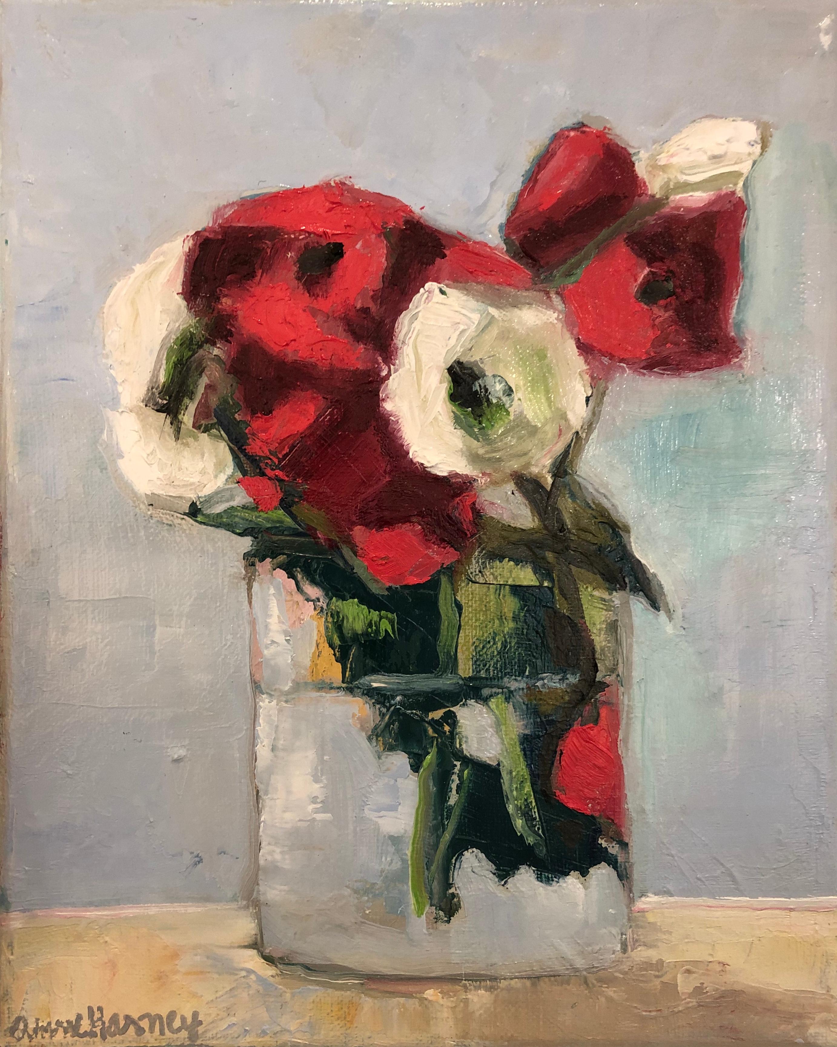 Anne Harney Still-Life Painting - "Persian Rose" oil painting of white and red roses in a glass vase