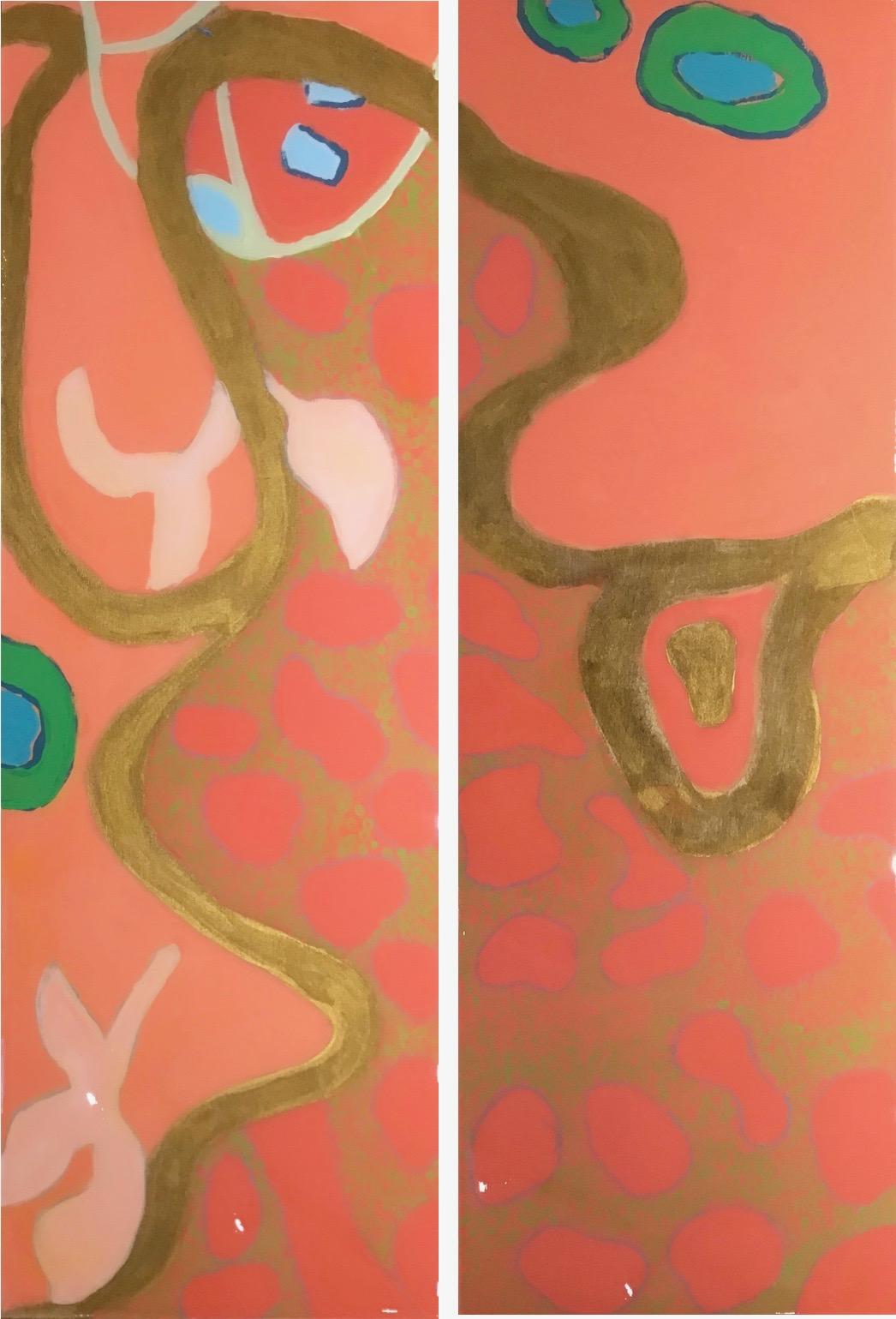 Anne Harney Abstract Painting - "Philbin Beach Walk 1" abstract mixed media diptych, coral, turquoise, gold