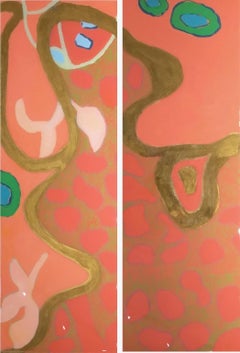 "Philbin Beach Walk 1" abstract mixed media diptych, coral, turquoise, gold