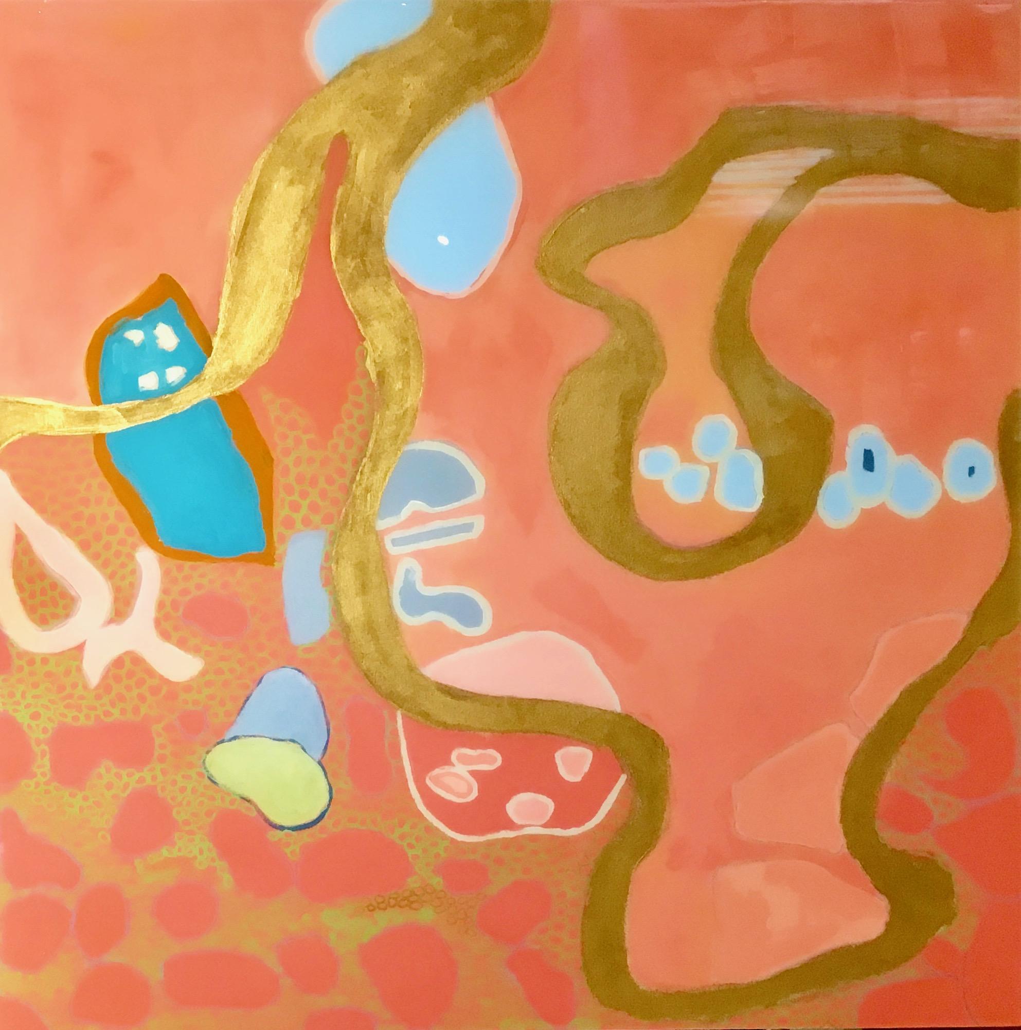 Anne Harney Abstract Painting - "Philbin Beach Walk 2" Abstract mixed media coral, turquoise and gold with resin