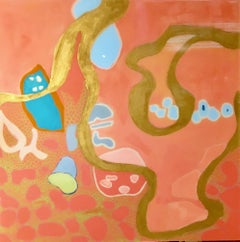 "Philbin Beach Walk 2" Abstract mixed media coral, turquoise and gold with resin