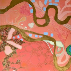 technique mixte abstraite corail, turquoise et or avec résine «hilbin Beach Walk 3 »
