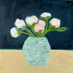 Pink Peonies by Anne Harney, Contemporary Floral Painting with Black and Blue