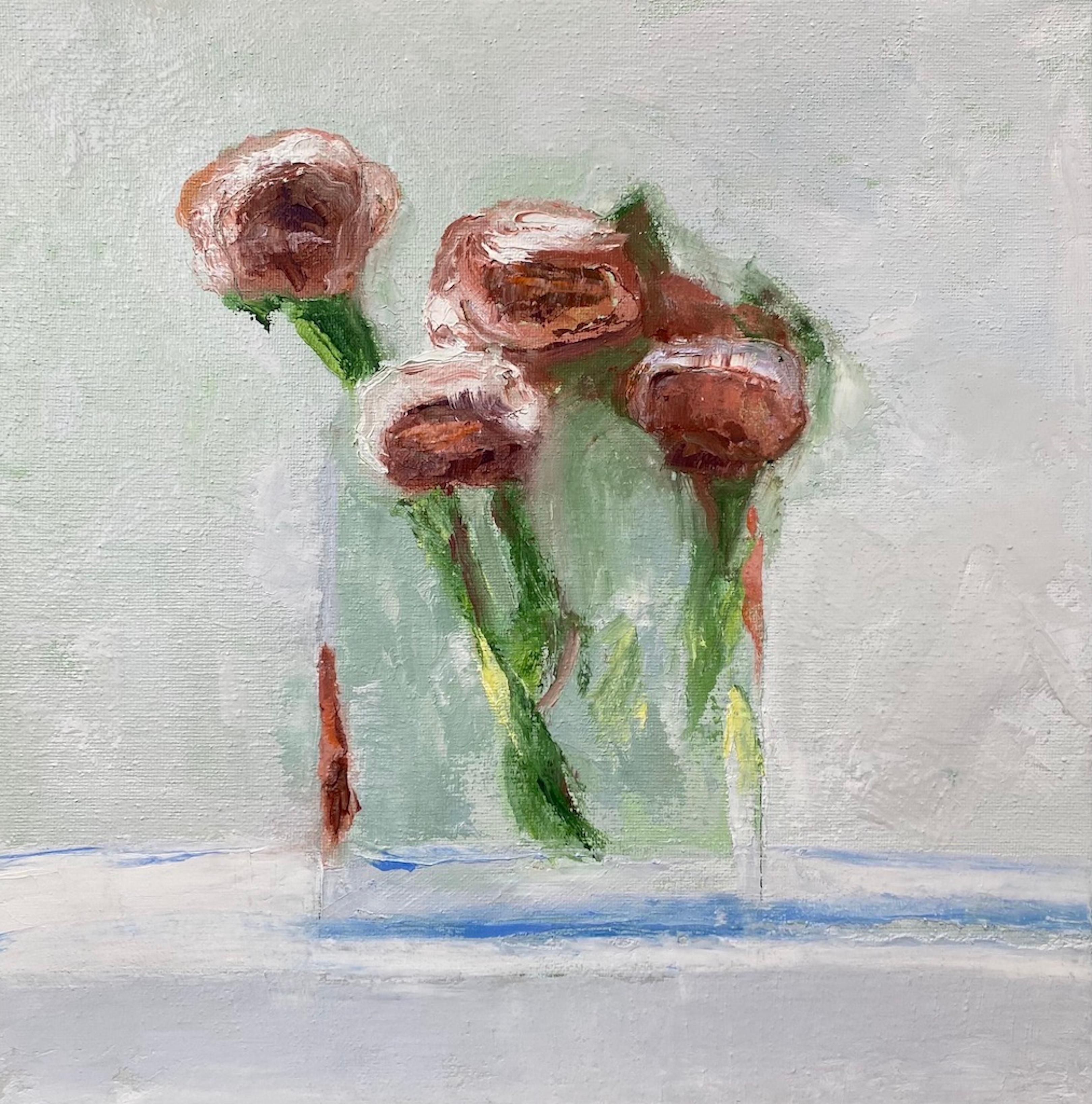 Anne Harney Still-Life Painting - "Poppies" small scale oil painting of red flowers in a clear vase