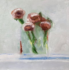 "Poppies" small scale oil painting of red flowers in a clear vase
