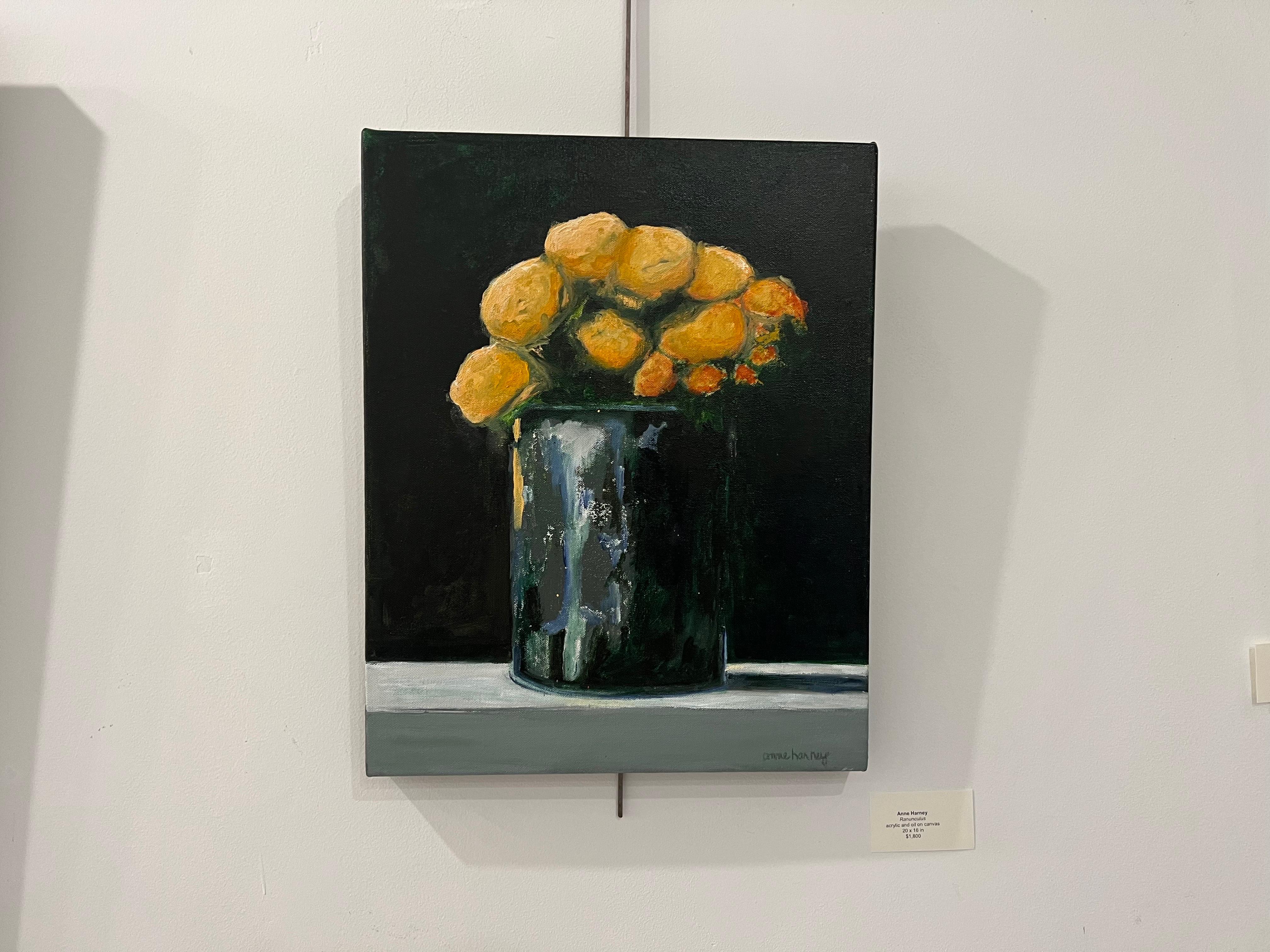 Ranunculus by Anne Harney, Contemporary Floral Still Life Painting with Black 1