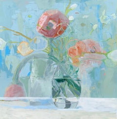 Ranunculus by Anne Harney, Square Pink and Blue Still Life Floral