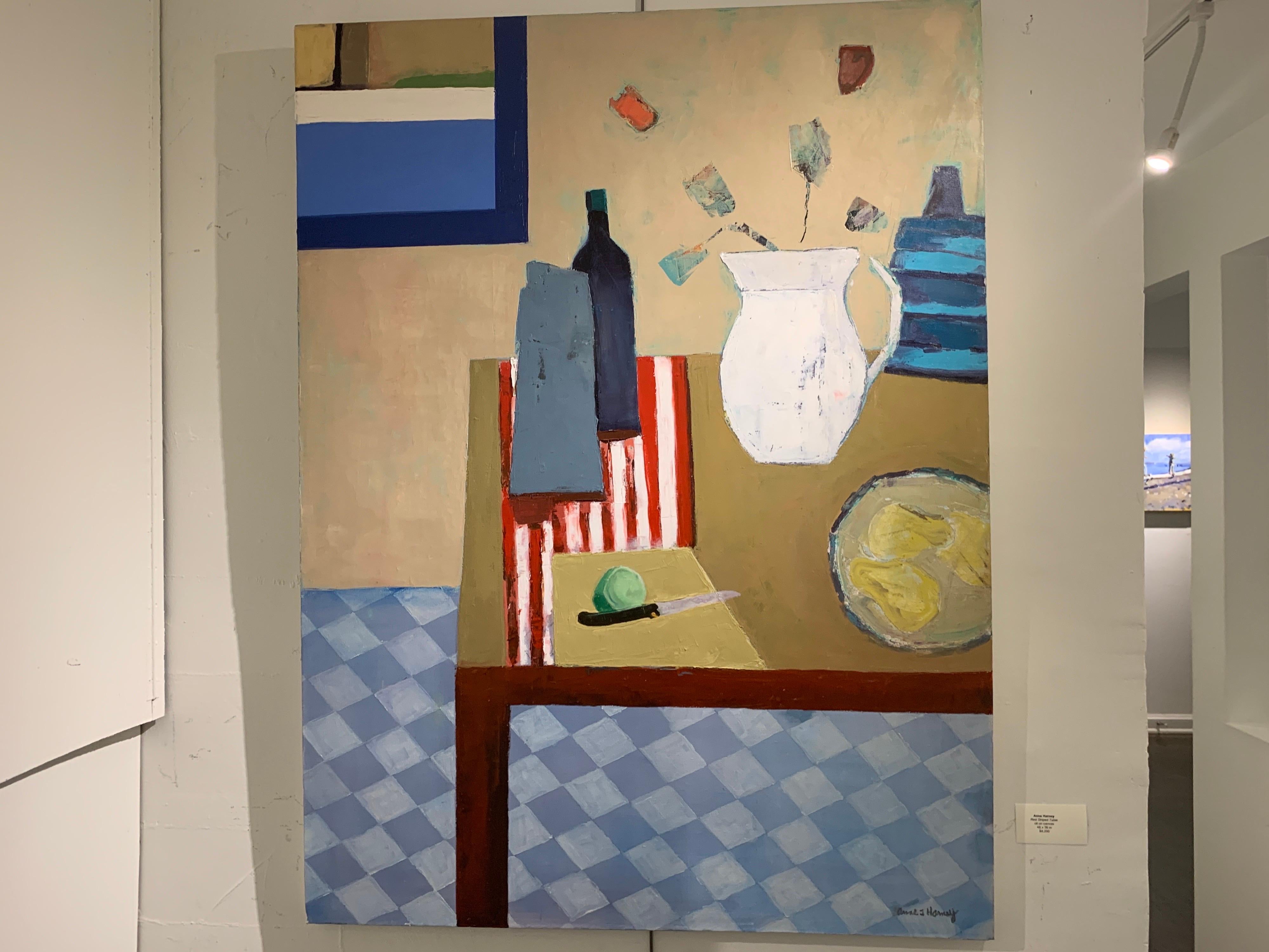 Red Striped Table by Anne Harney, Red and Blue Still Life Painting 2