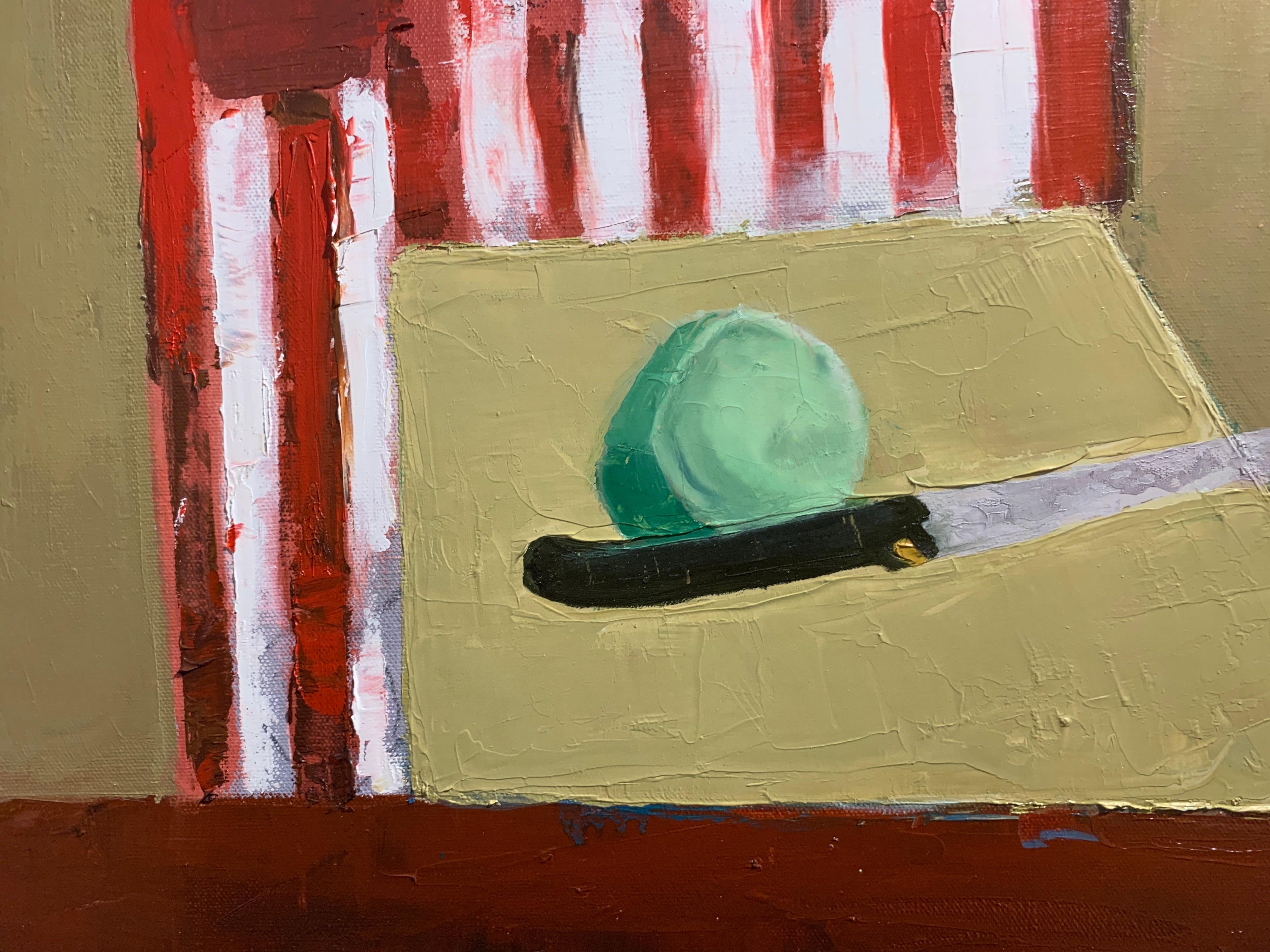 Red Striped Table by Anne Harney, Red and Blue Still Life Painting 4
