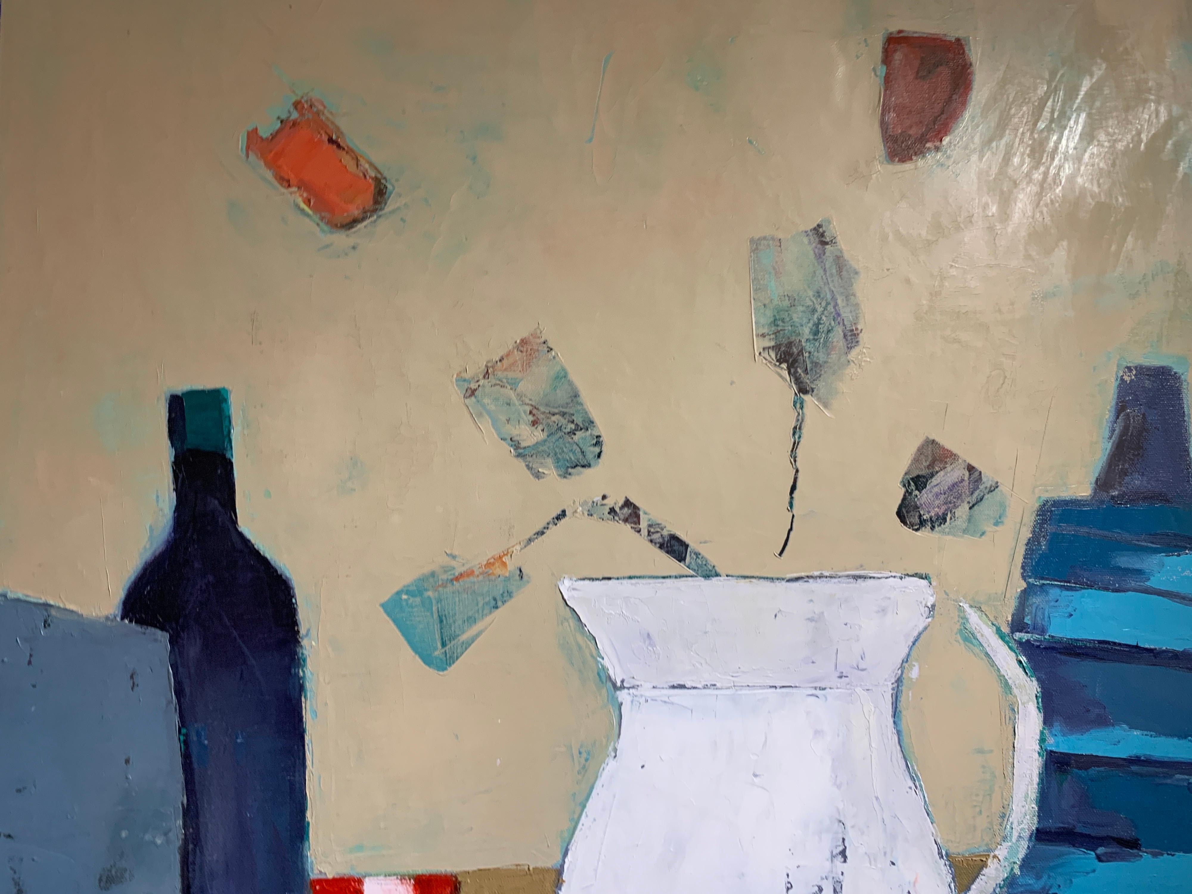 Red Striped Table by Anne Harney, Red and Blue Still Life Painting 6