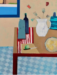 Red Striped Table by Anne Harney, Red and Blue Still Life Painting