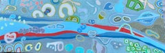 "Riptide" horizontal abstract mixed media painting in blues, green and red