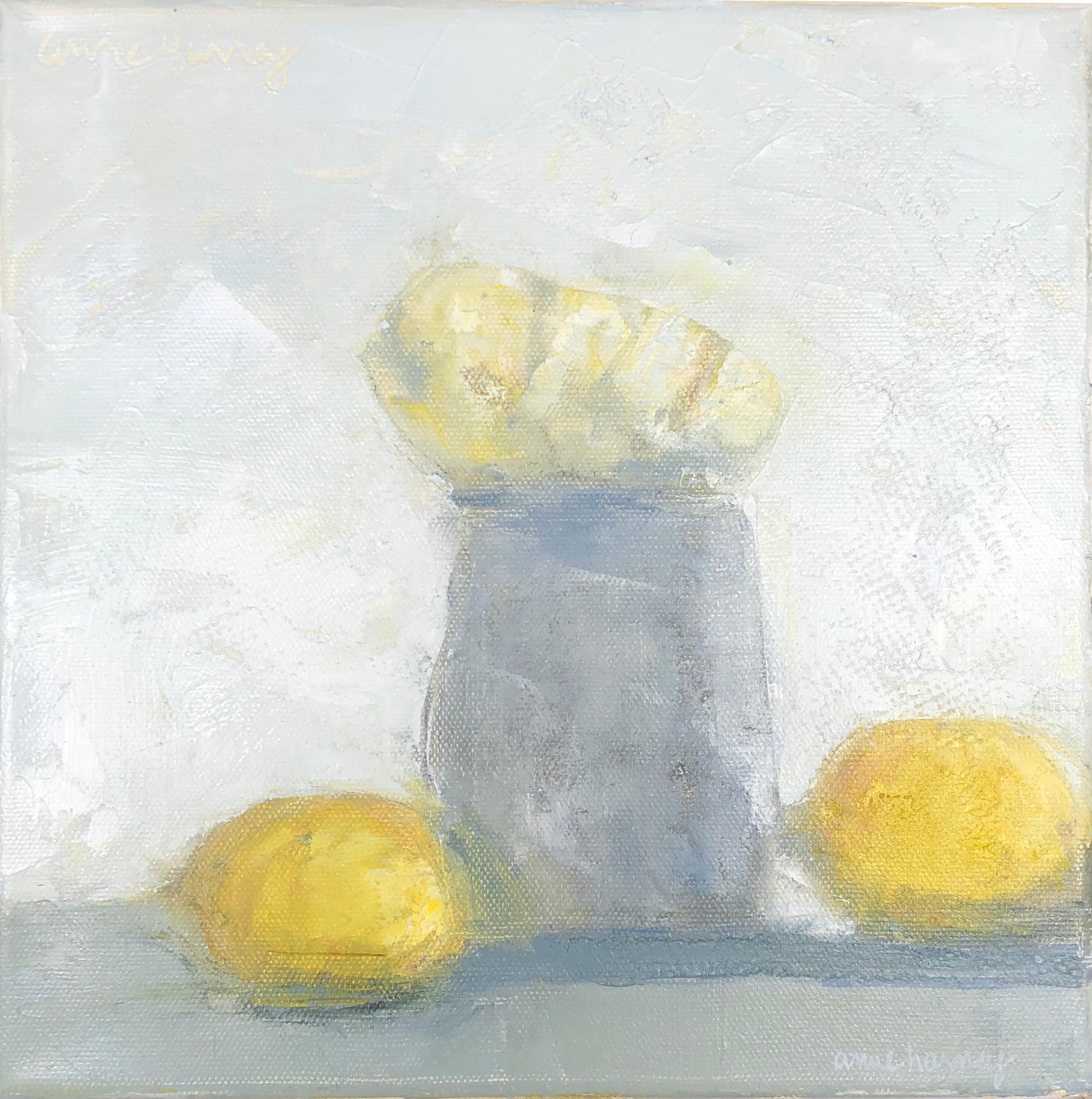 Anne Harney Still-Life Painting - "Spray Roses and Lemons" impressionist style still life oil painting white roses